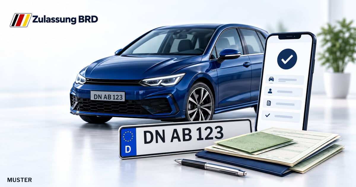 Online Fahrzeugzulassung in Nörvenich: Musterkennzeichen DN AB 123, Auto und Fahrzeugpapiere und Smartphone. Illustration mit Logo von Zulassung BRD.